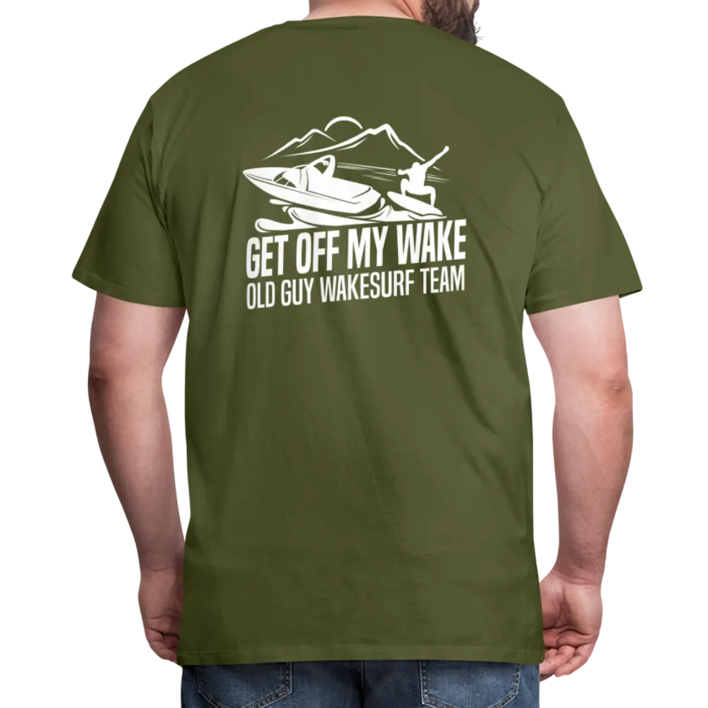 Get Off My Wake Men's Premium T-Shirt - Image on Back, WSS logo on front