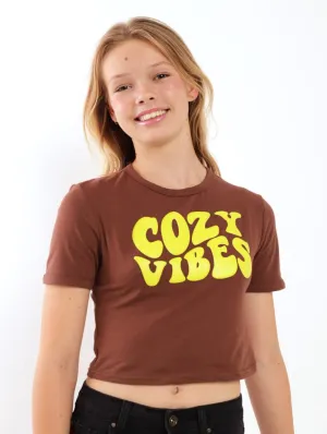 Girls Cozy Vibes Ringer Tee - Brown