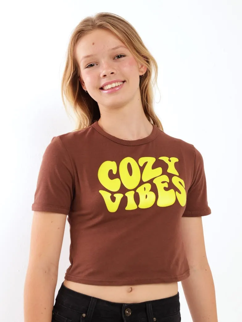 Girls Cozy Vibes Ringer Tee - Brown
