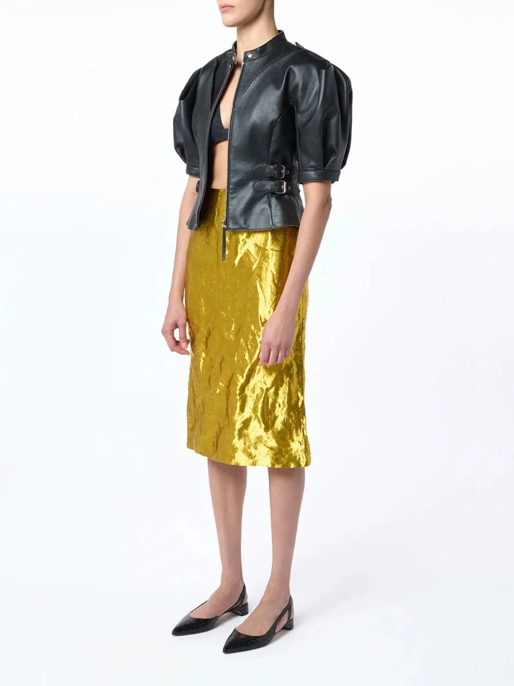 Gold Manuela Midi Skirt in Metallic Silk