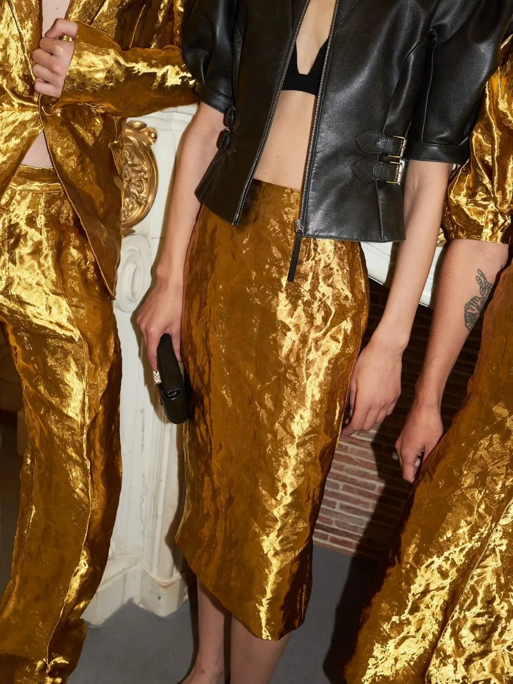 Gold Manuela Midi Skirt in Metallic Silk