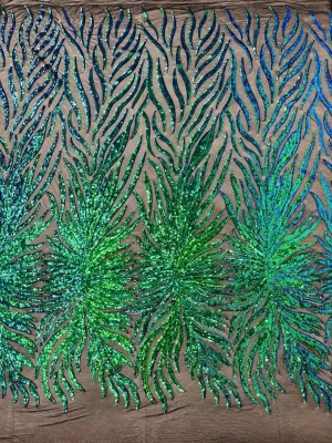 Green iridescent phoenix feather design with sequins embroider on a Black 4 way stretch mesh fabric-sold by the yard.