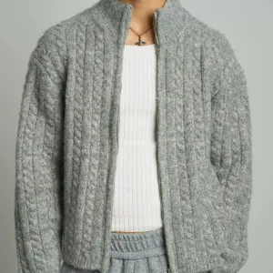 Grey Cable-Knit Zip-Up Cardigan