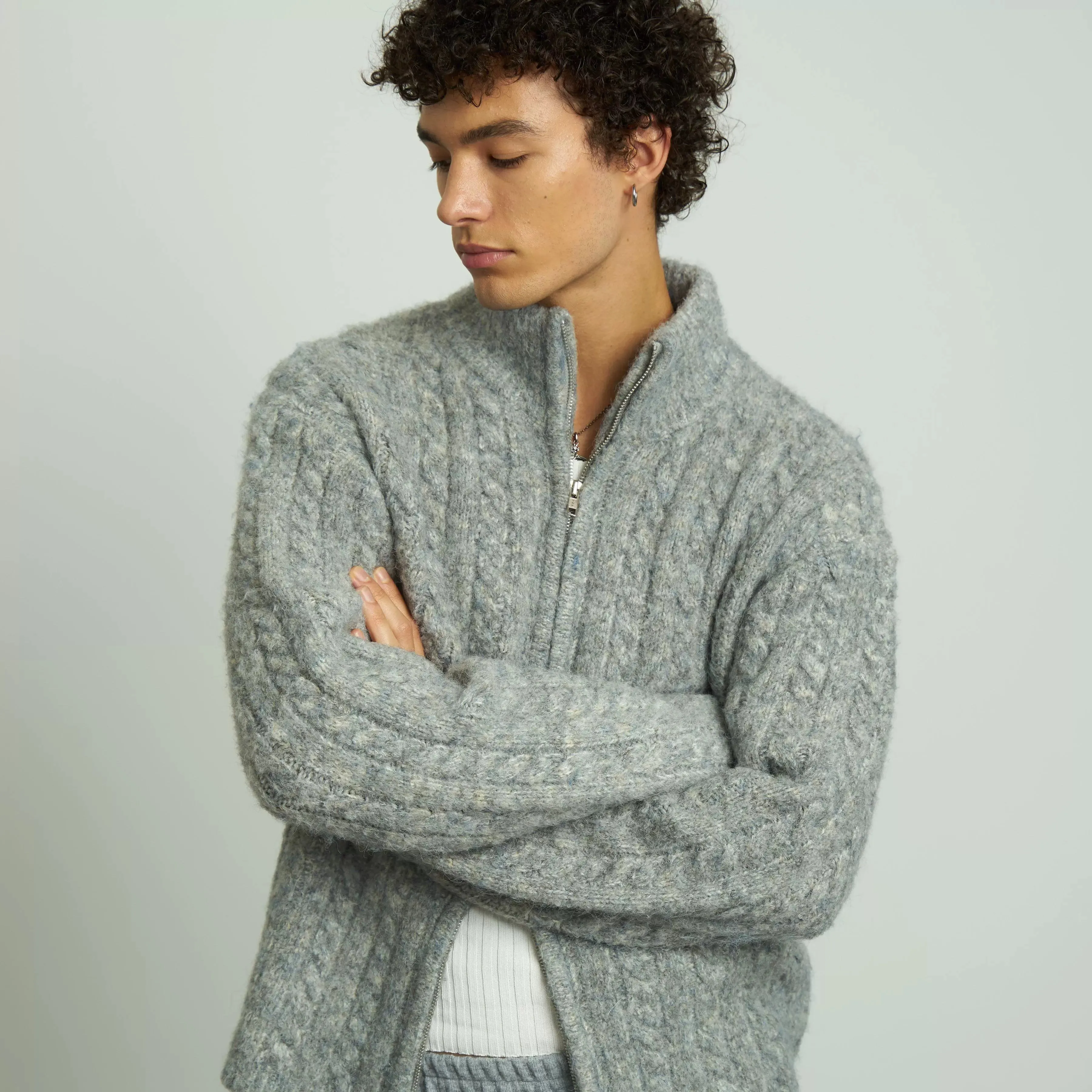 Grey Cable-Knit Zip-Up Cardigan