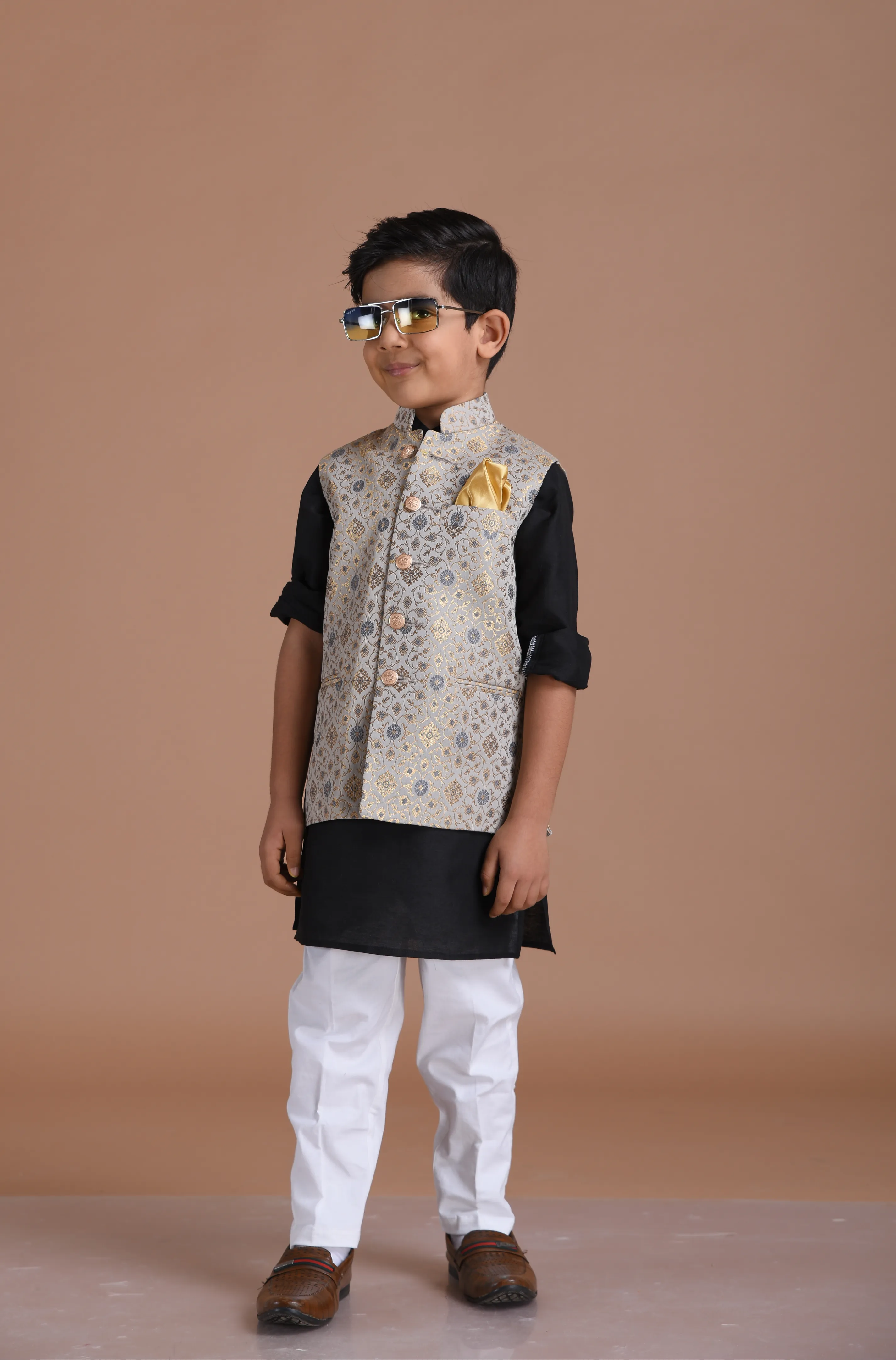 Greyish Blue Half Jodhpuri Designer Jacket With Silk Kurta Pajama Set