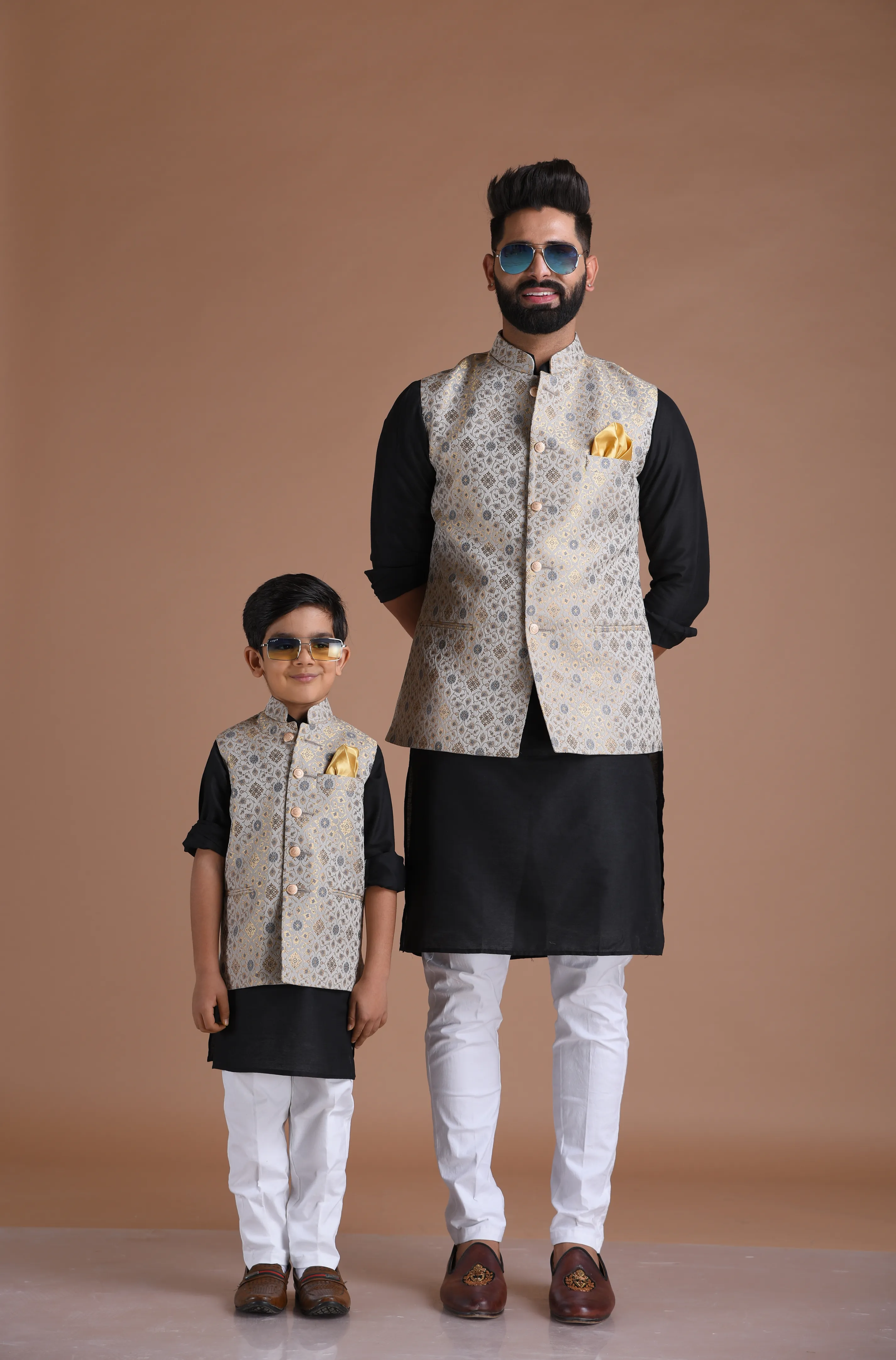 Greyish Blue Half Jodhpuri Designer Jacket With Silk Kurta Pajama Set