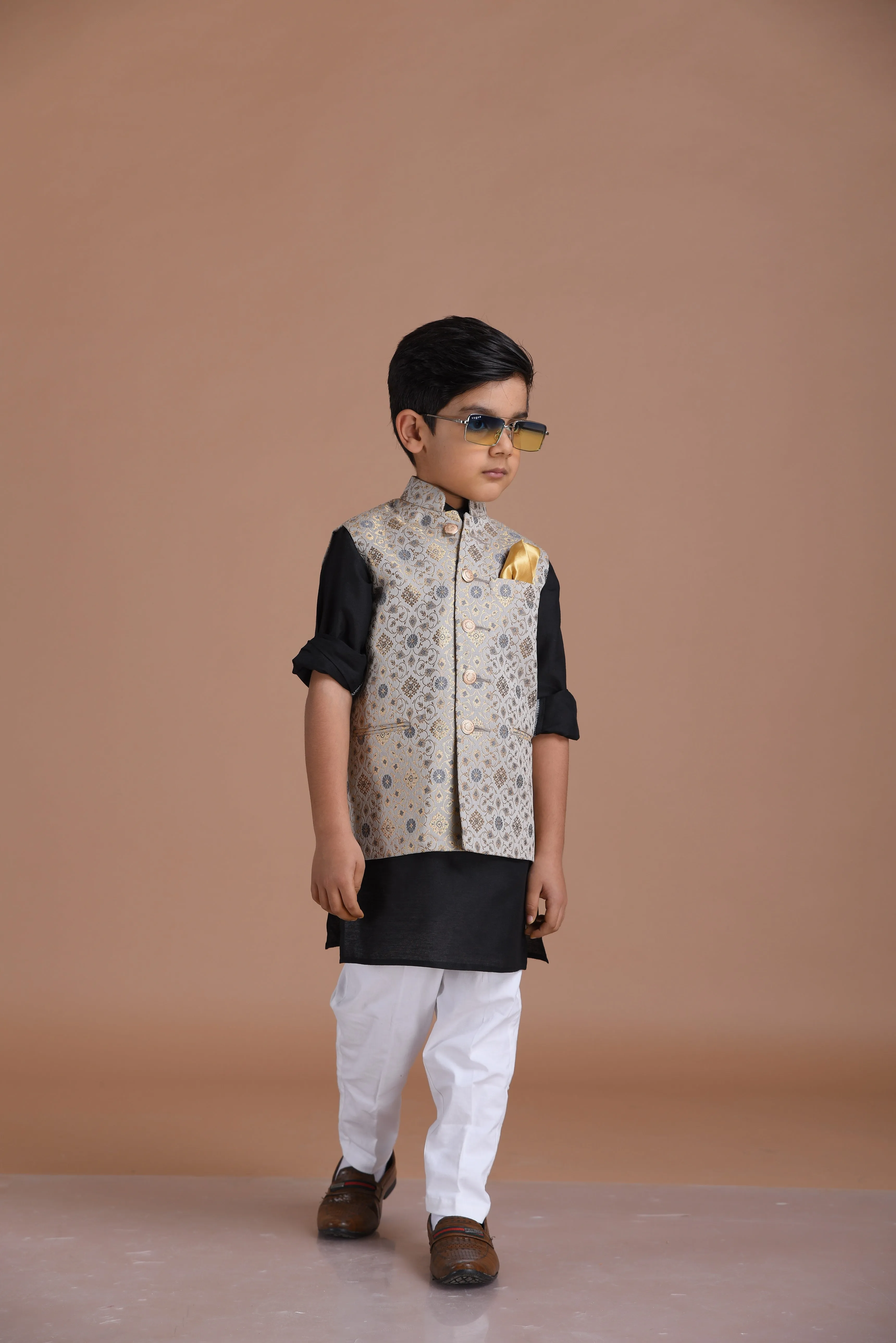 Greyish Blue Half Jodhpuri Designer Jacket With Silk Kurta Pajama Set