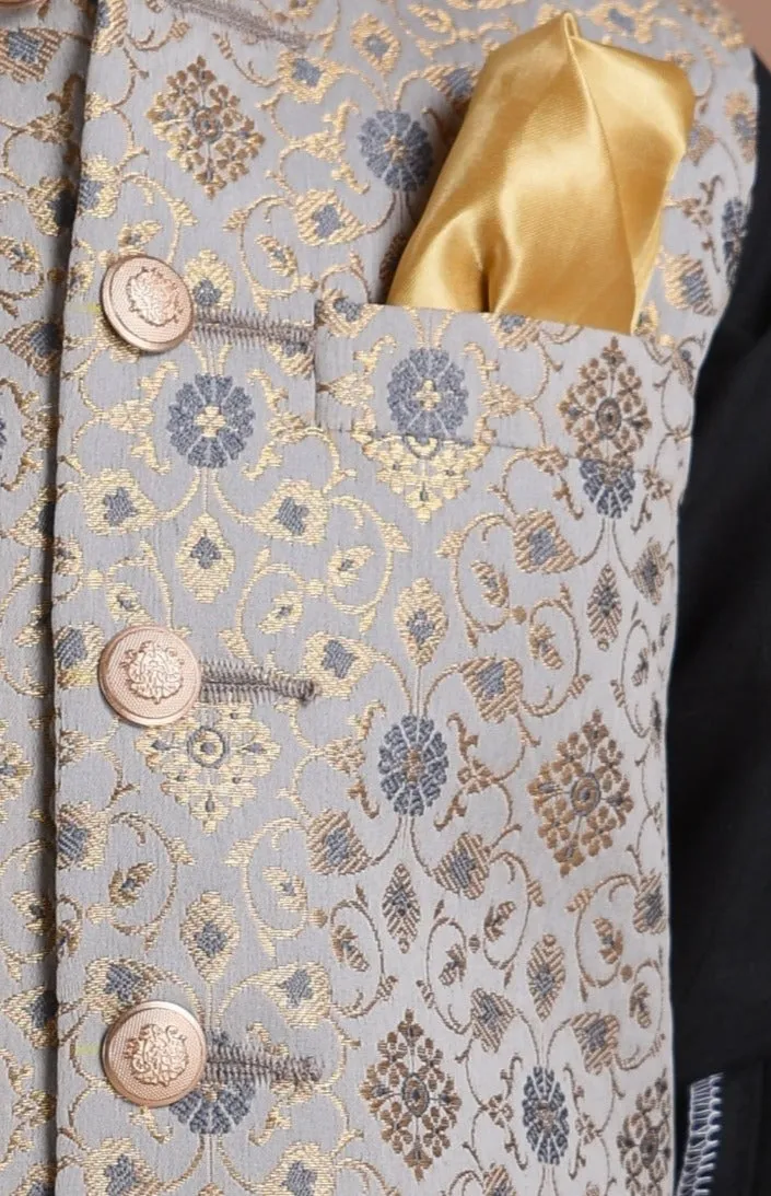 Greyish Blue Half Jodhpuri Designer Jacket With Silk Kurta Pajama Set