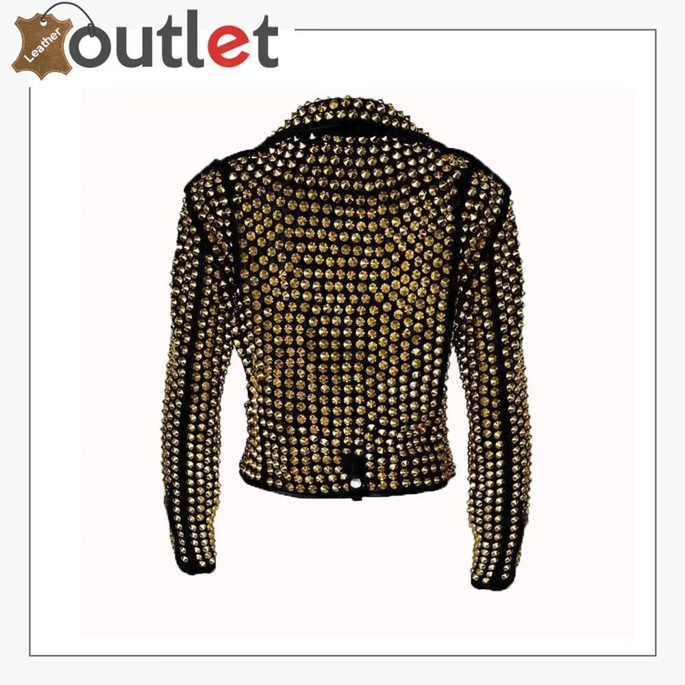 Handmade Women's Black Fashion Golden Studded Punk Style Leather Jacket