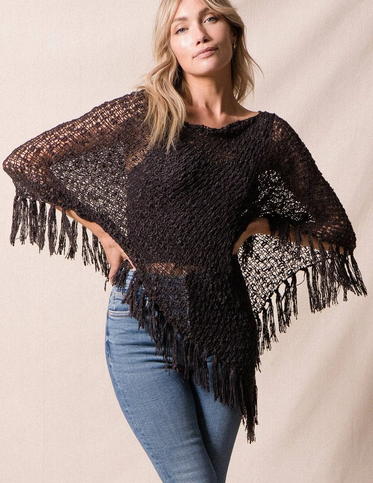 Handwoven Riva Knit Fringe Poncho