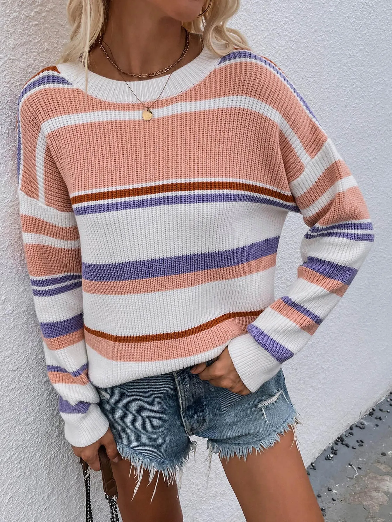 Hazel Blues® |  Striped Drop Shoulder Round Neck Pullover Sweater