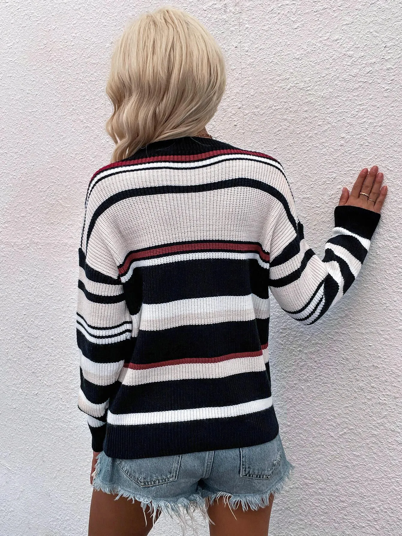Hazel Blues® |  Striped Drop Shoulder Round Neck Pullover Sweater