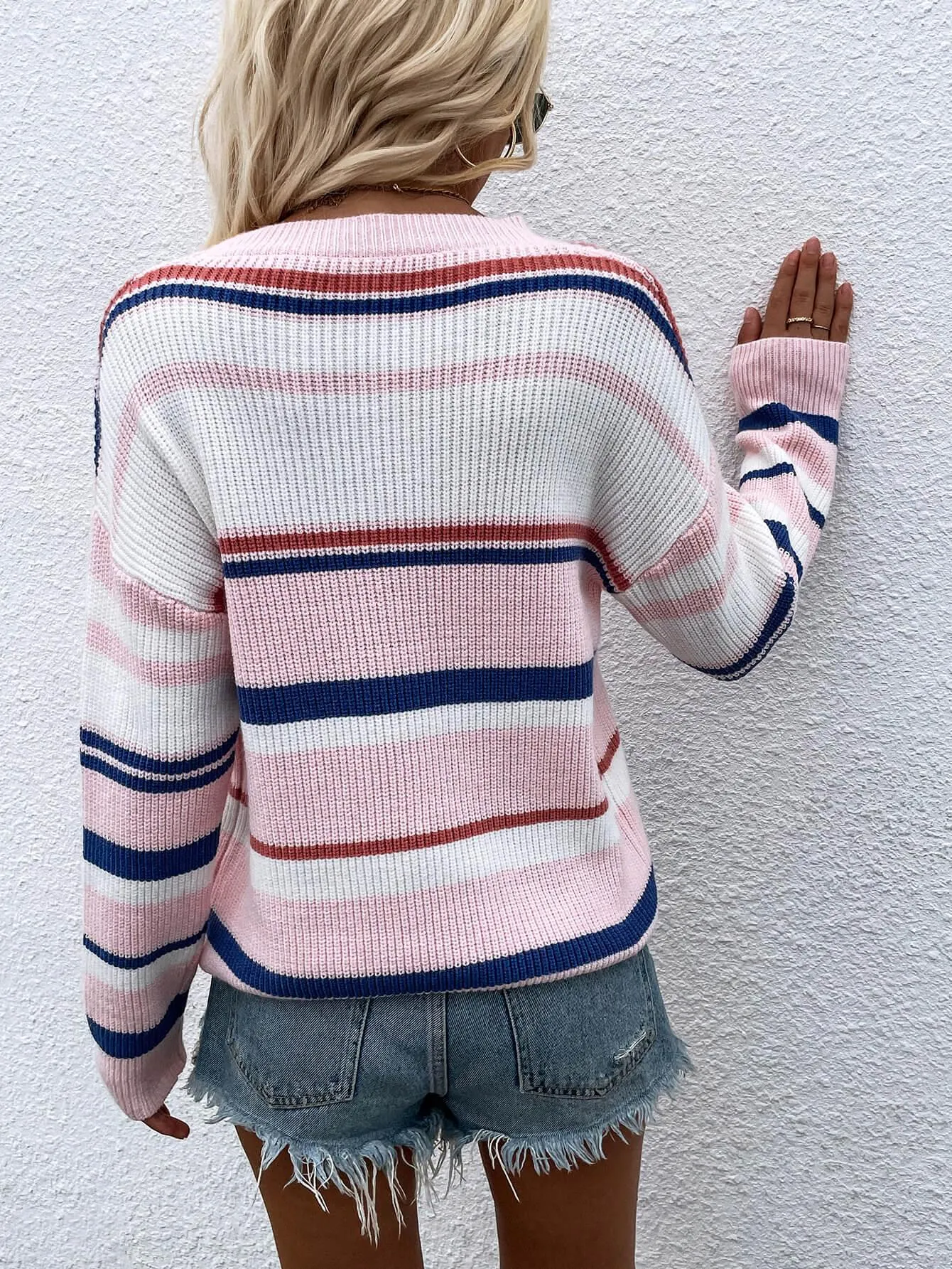 Hazel Blues® |  Striped Drop Shoulder Round Neck Pullover Sweater