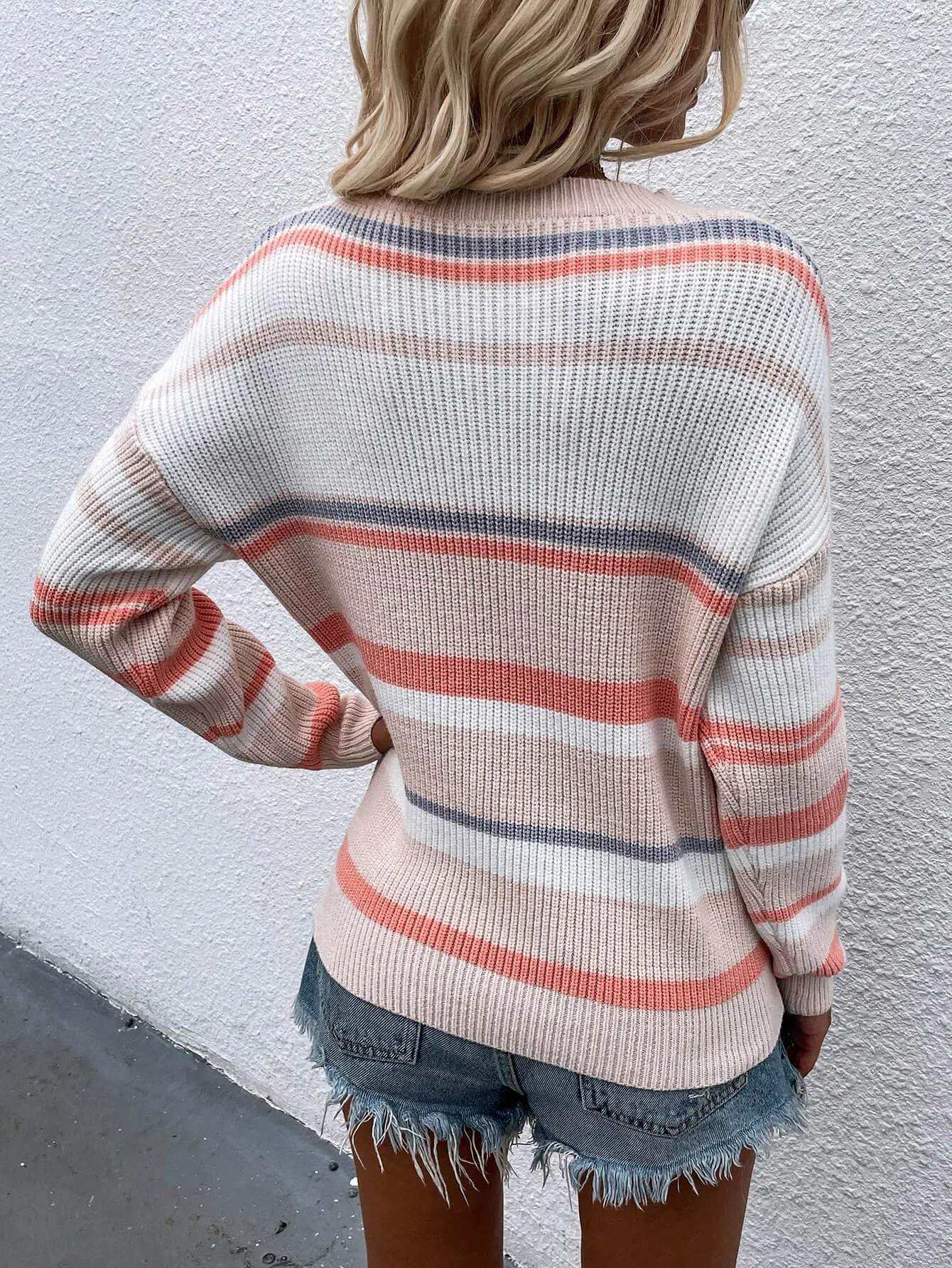 Hazel Blues® |  Striped Drop Shoulder Round Neck Pullover Sweater