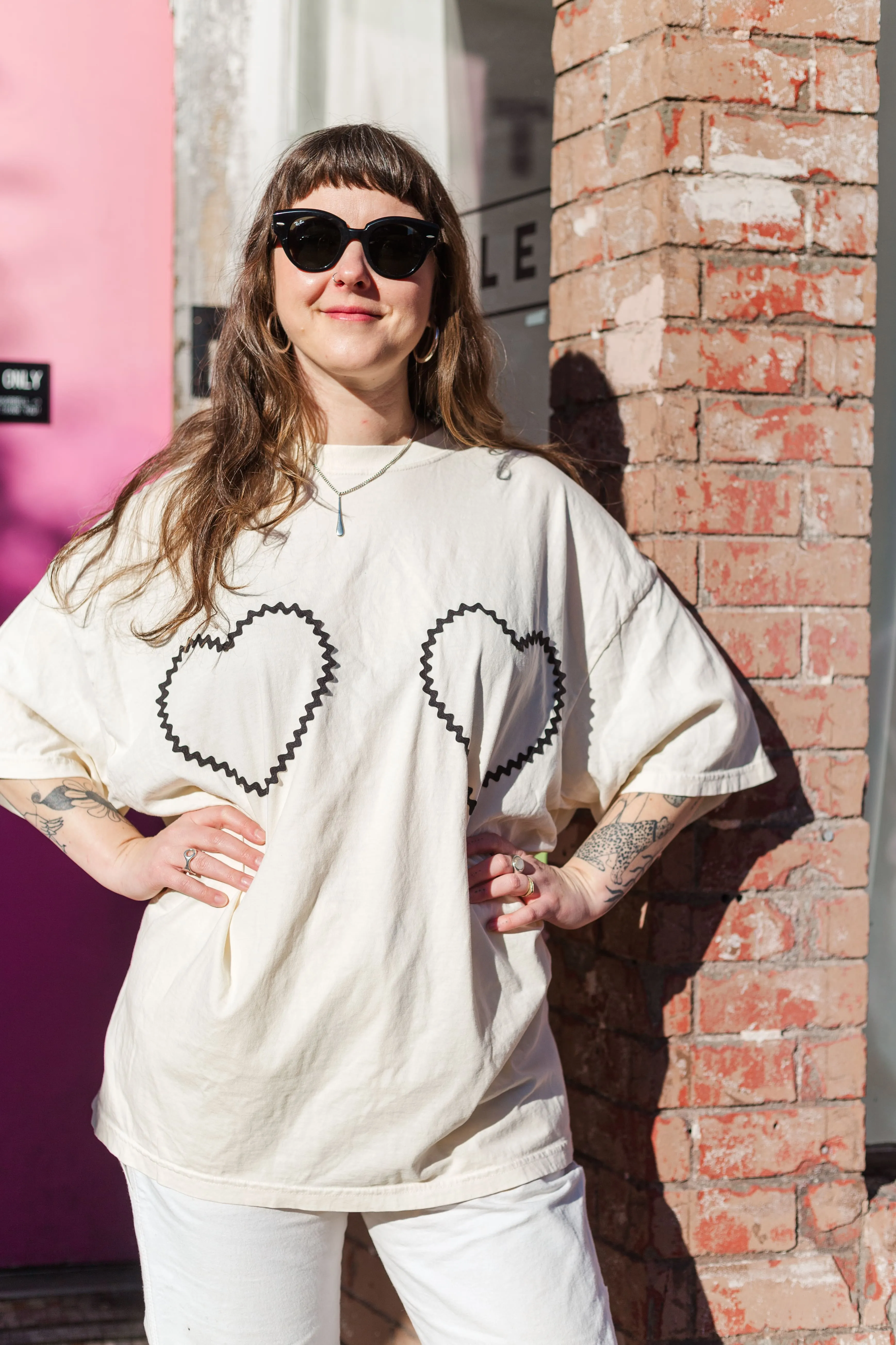 Heart T-Shirt - Cream/Black Double Heart - Size 3XL (RTS)
