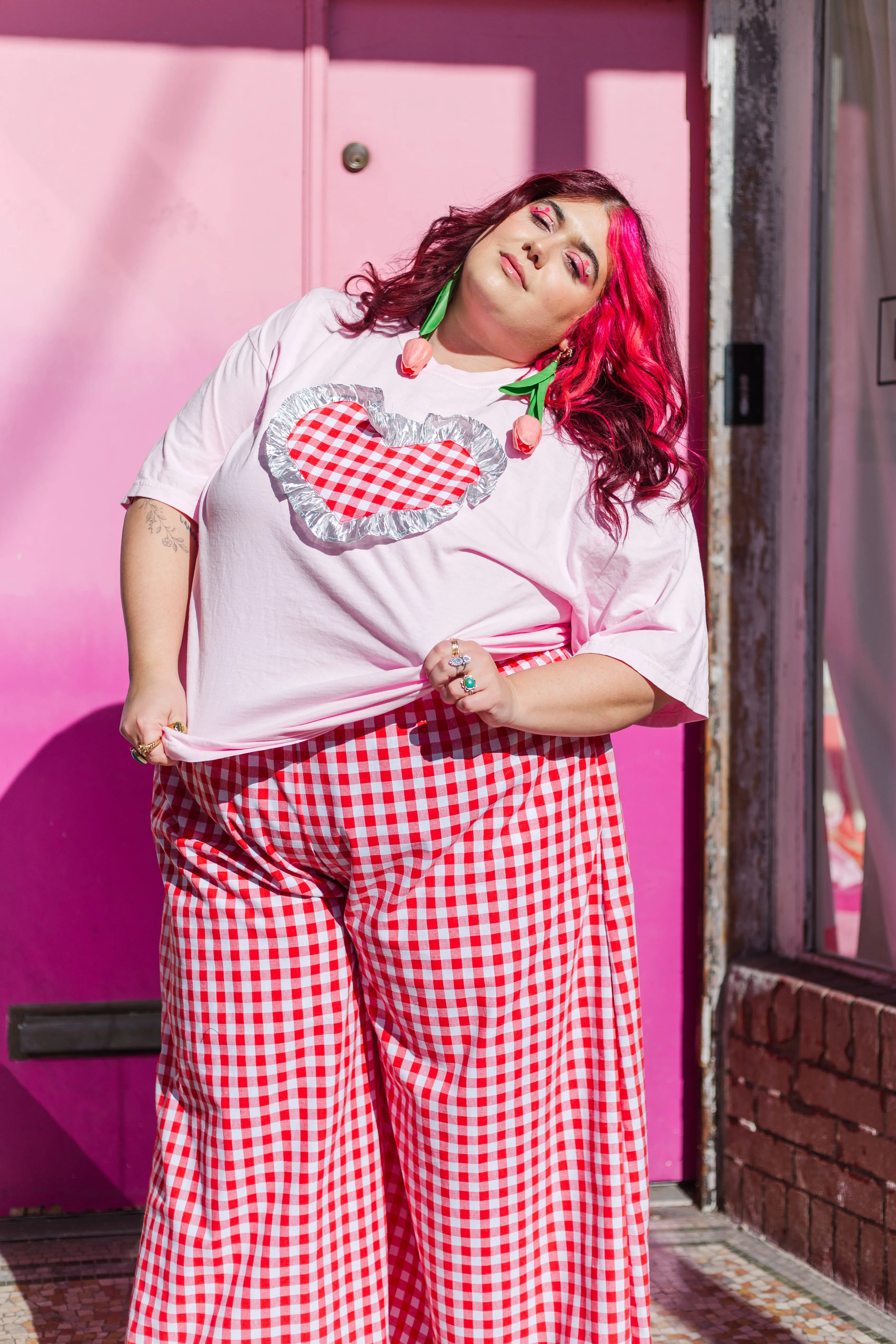 Heart T-Shirt - Pink / Red Gingham / Silver Ruffle - Size 4XL #2 (RTS)