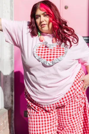 Heart T-Shirt - Pink / Red Gingham / Silver Ruffle - Size 4XL #2 (RTS)