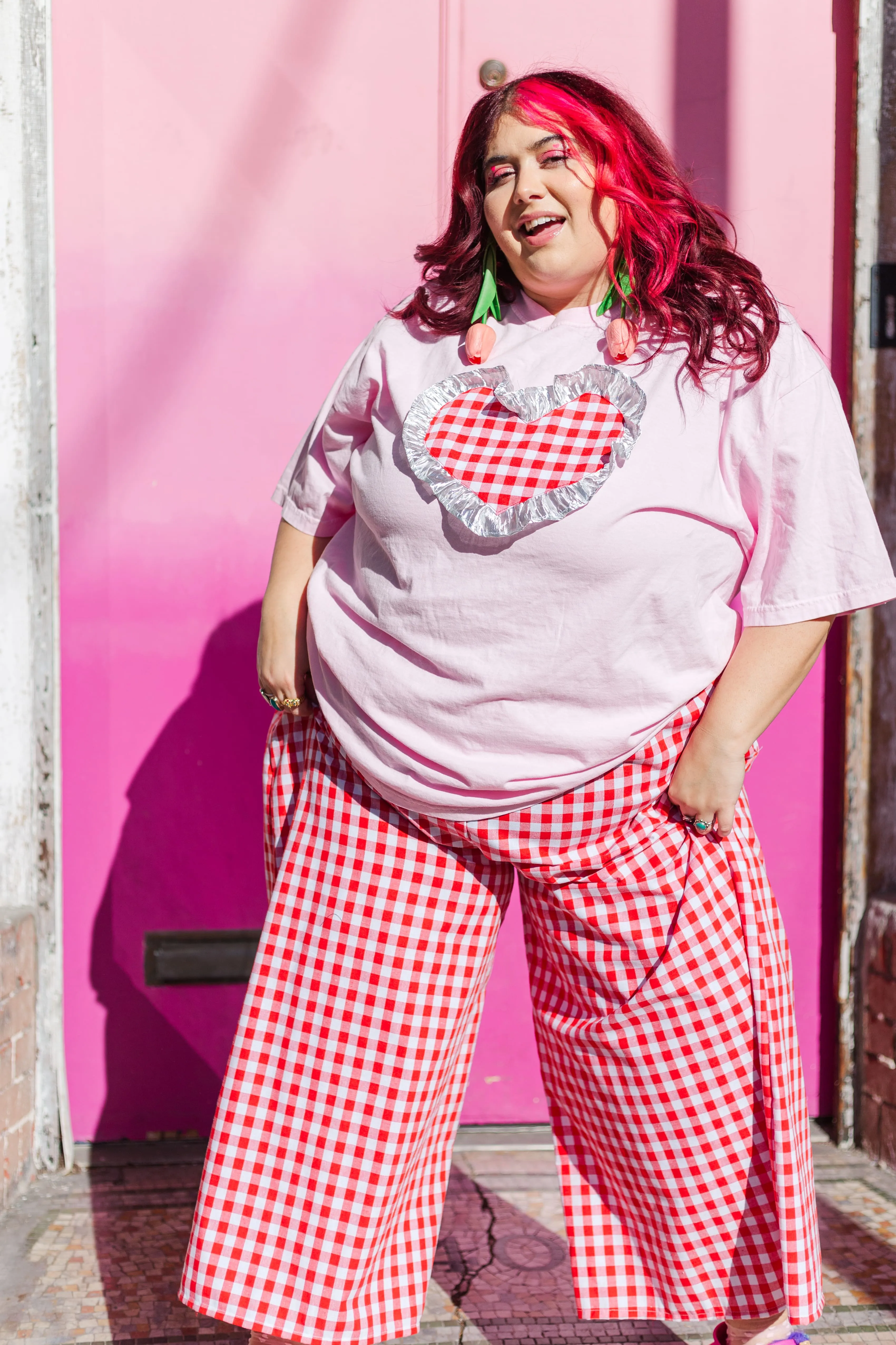 Heart T-Shirt - Pink / Red Gingham / Silver Ruffle - Size 4XL #2 (RTS)