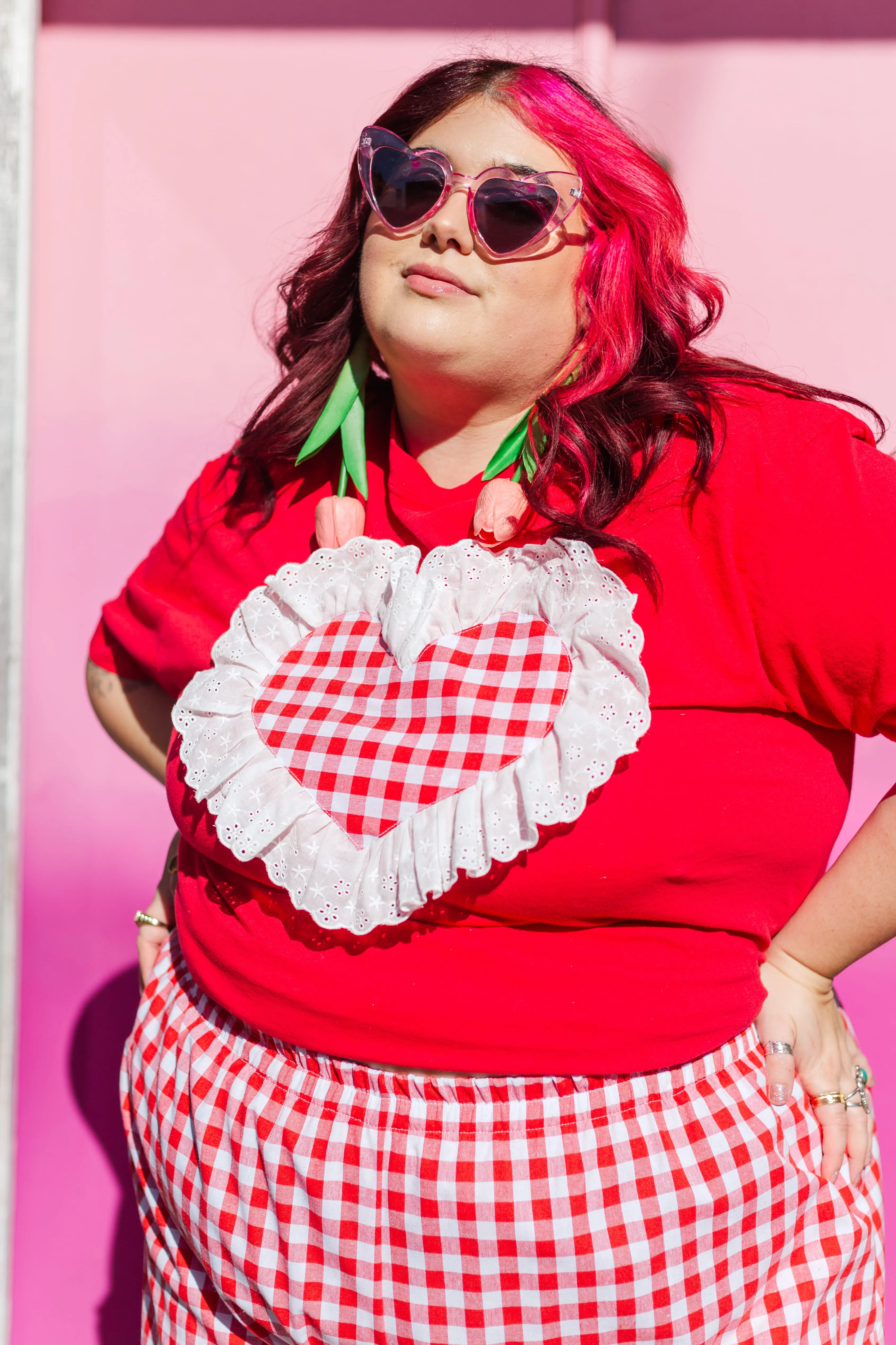 Heart T-Shirt - Red/Red Gingham Ruffle - Size 2XL (RTS)
