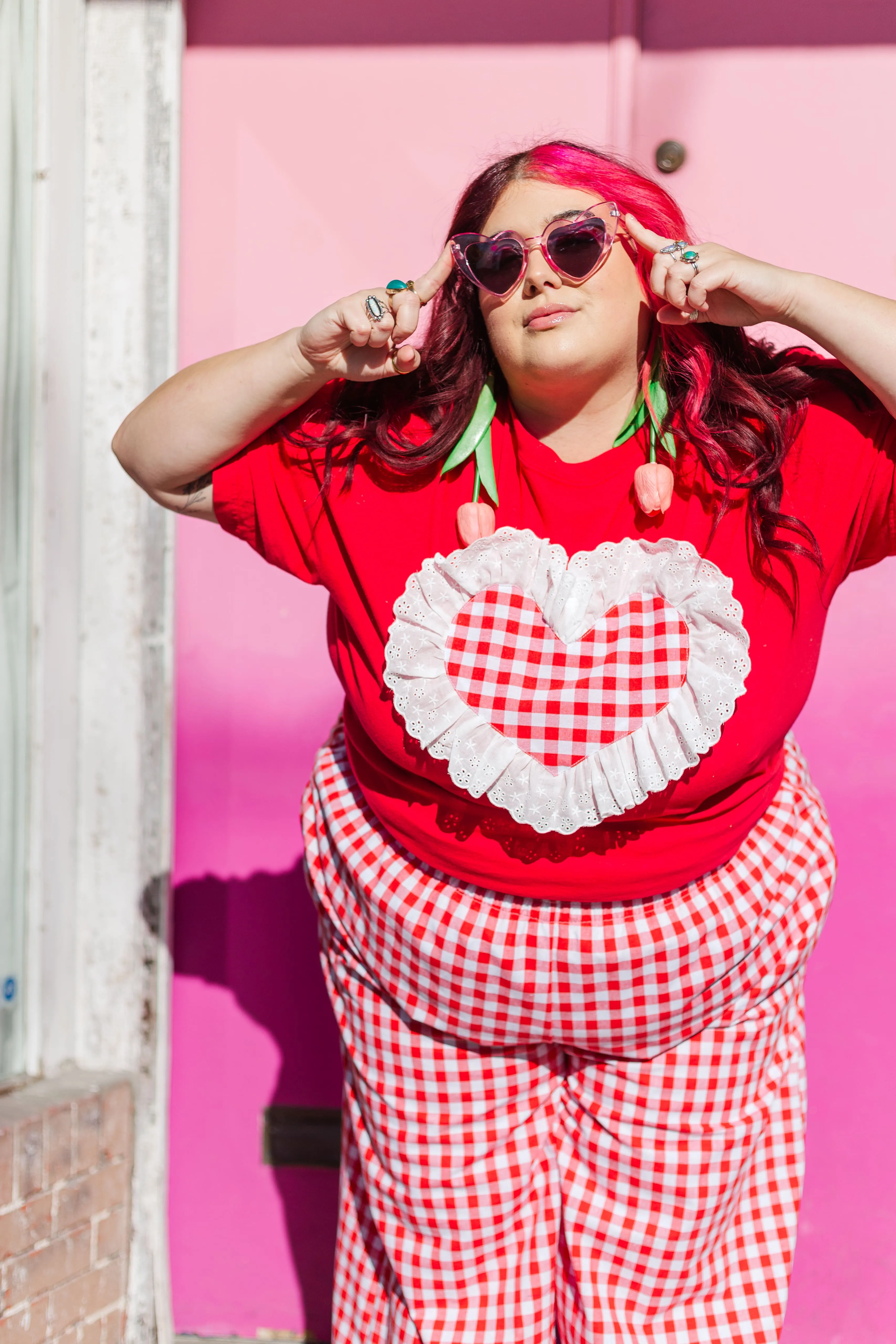 Heart T-Shirt - Red/Red Gingham Ruffle - Size 2XL (RTS)