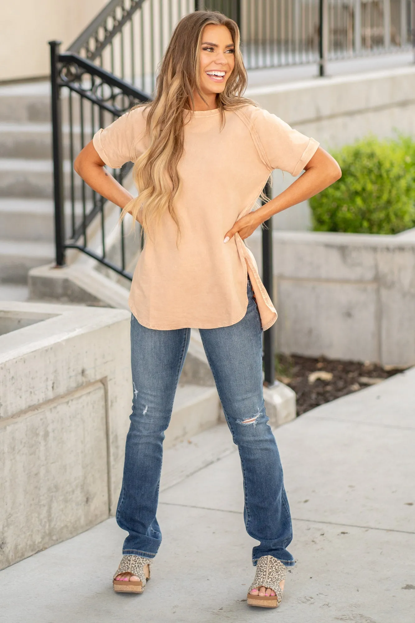 Heathered Round Neck Short Sleeve Top