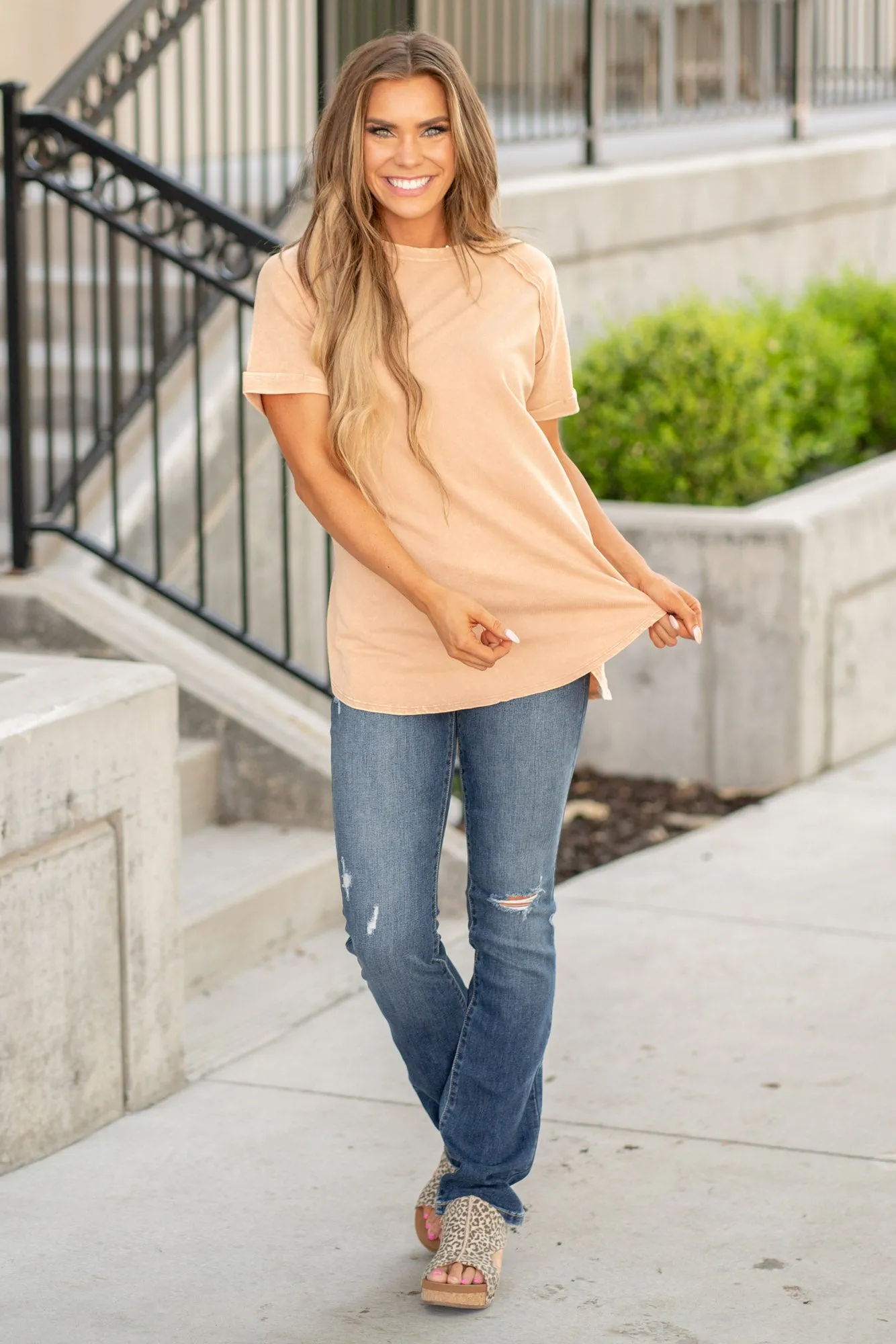 Heathered Round Neck Short Sleeve Top