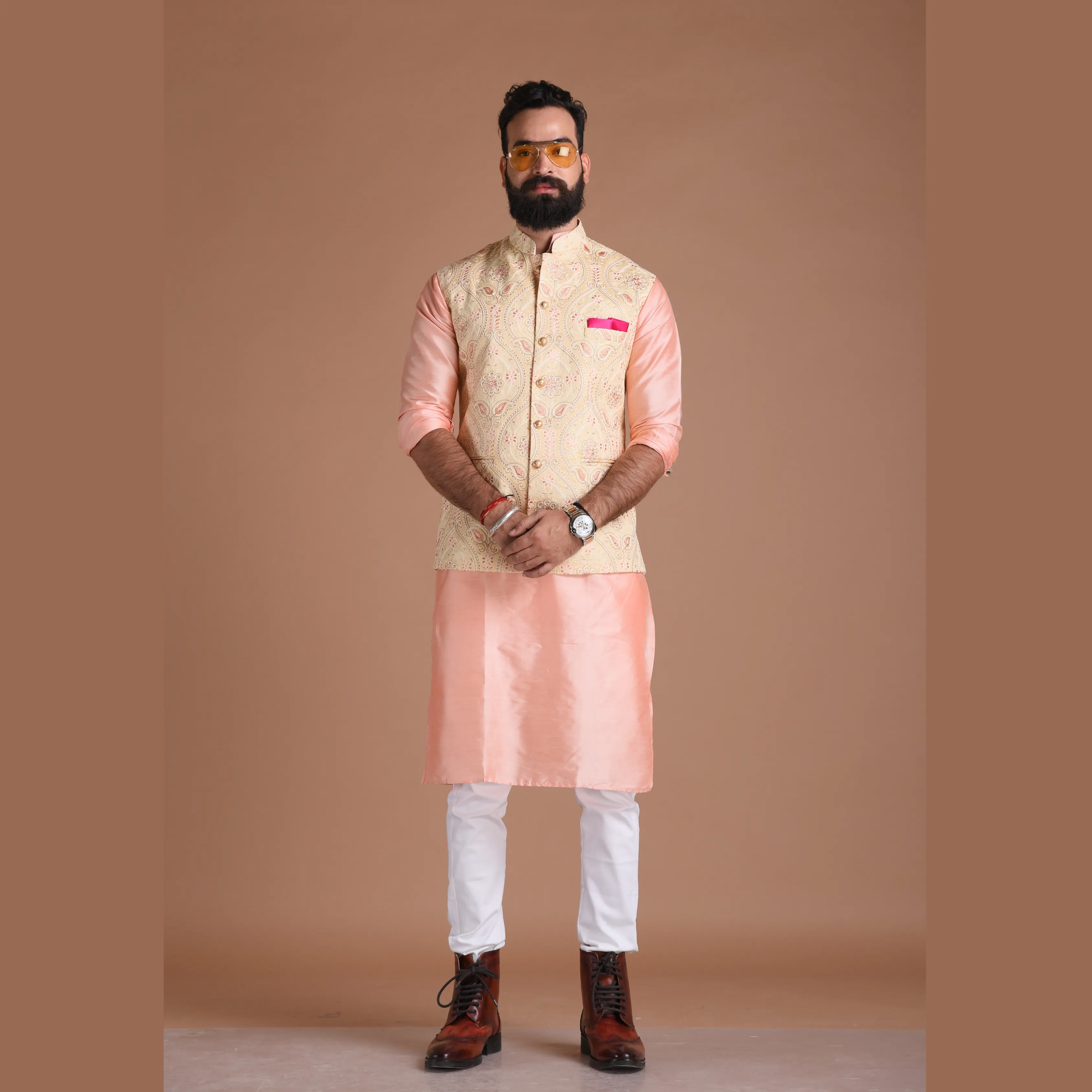 Heavy Lakhnawi Chikankaari  Cream Nehru Jacket With Silk Kurta Pajama