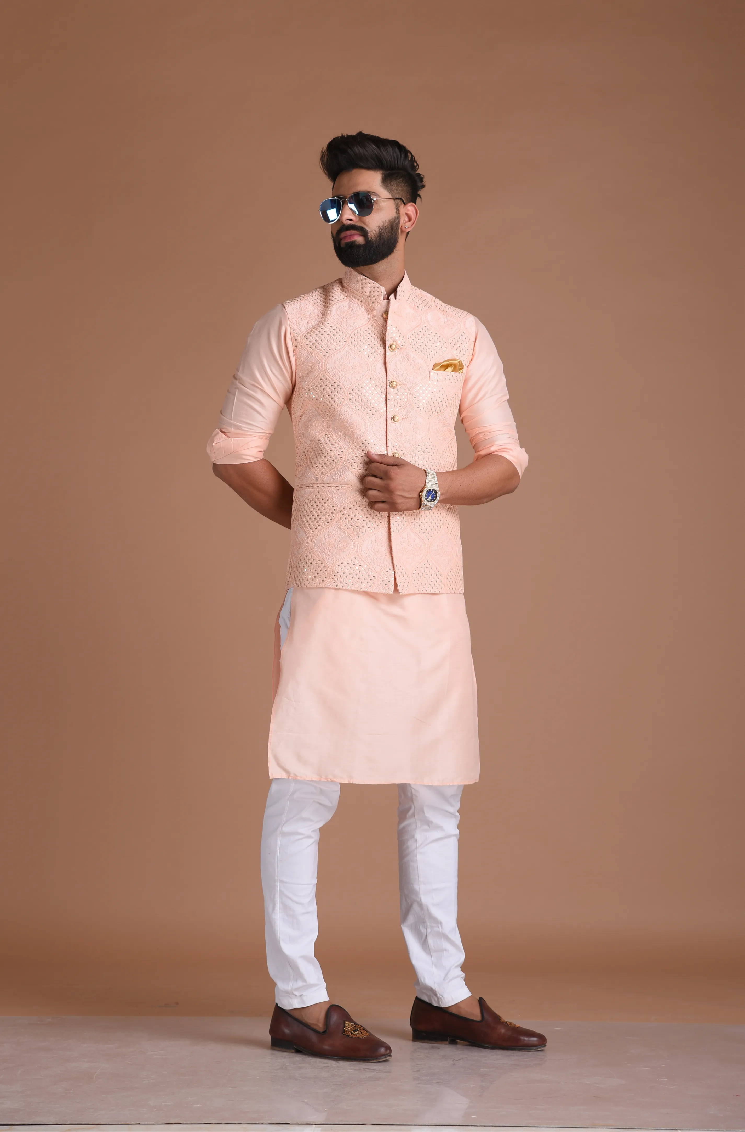 Heavy Lucknowi Chikankaari Pink Nehru Jacket With Kurta Pajama Set