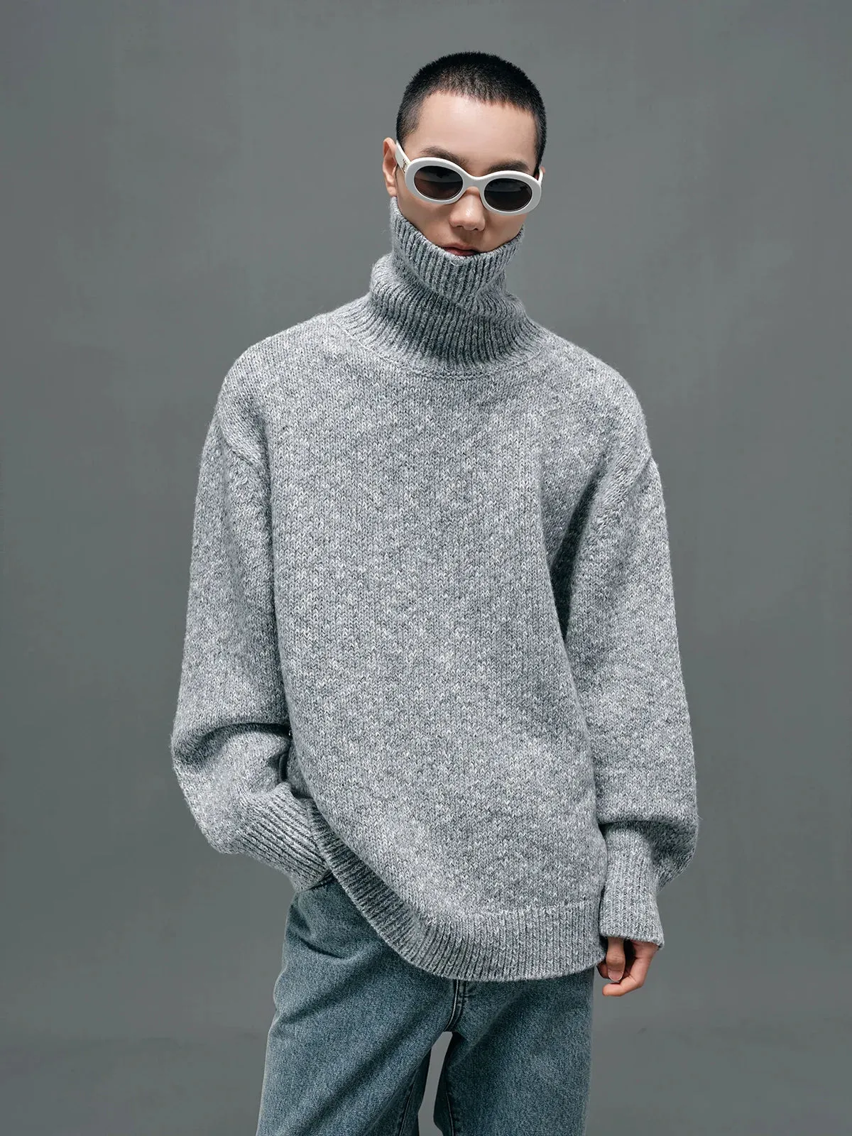 High Collar Textured Knit Sweater