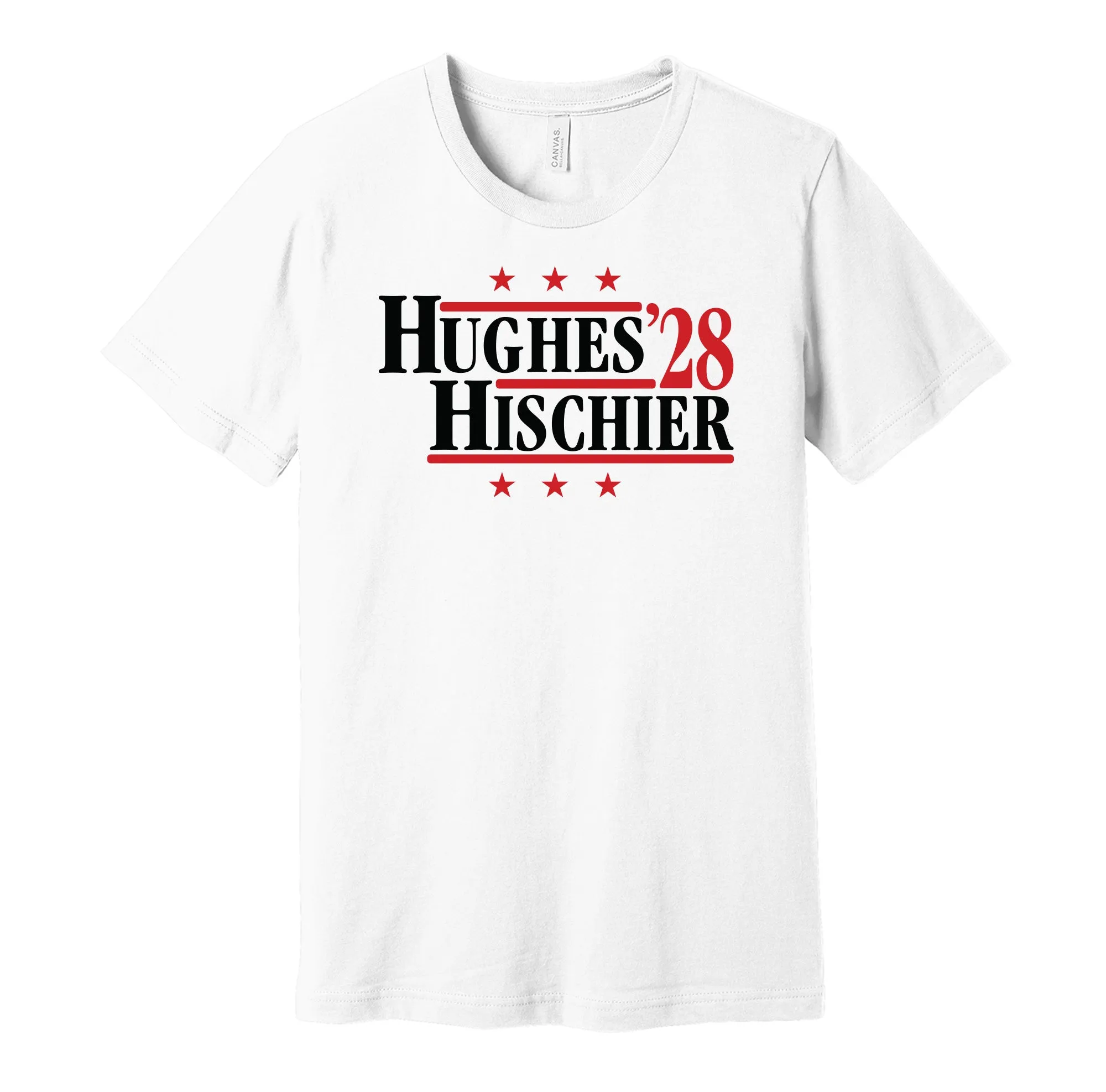 Hughes & Hischier '28 - New Jersey Hockey Political Campaign Parody T-Shirt - Hyper Than Hype Shirts