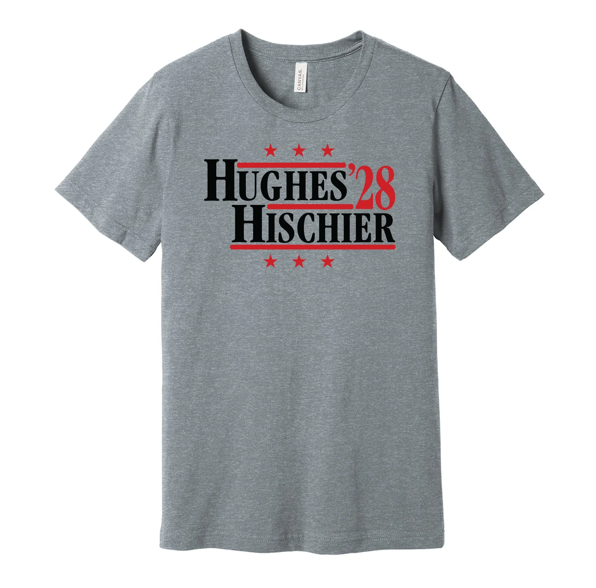 Hughes & Hischier '28 - New Jersey Hockey Political Campaign Parody T-Shirt - Hyper Than Hype Shirts