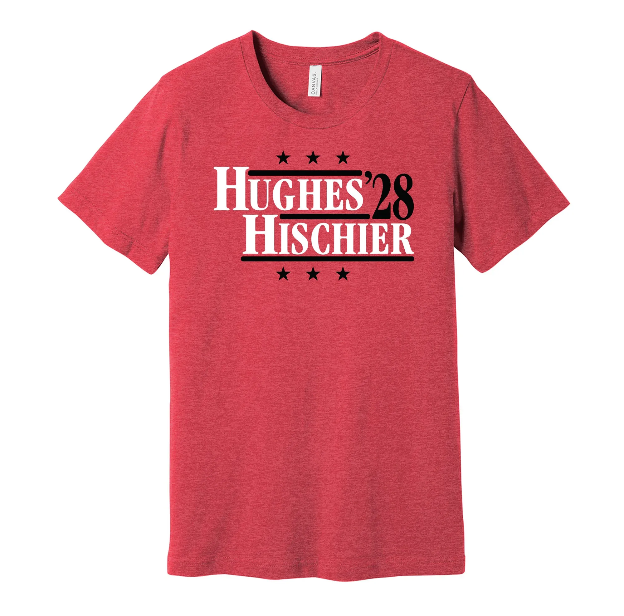 Hughes & Hischier '28 - New Jersey Hockey Political Campaign Parody T-Shirt - Hyper Than Hype Shirts