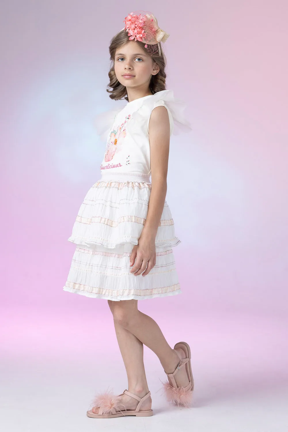 Ivory and peach striped layered skirt