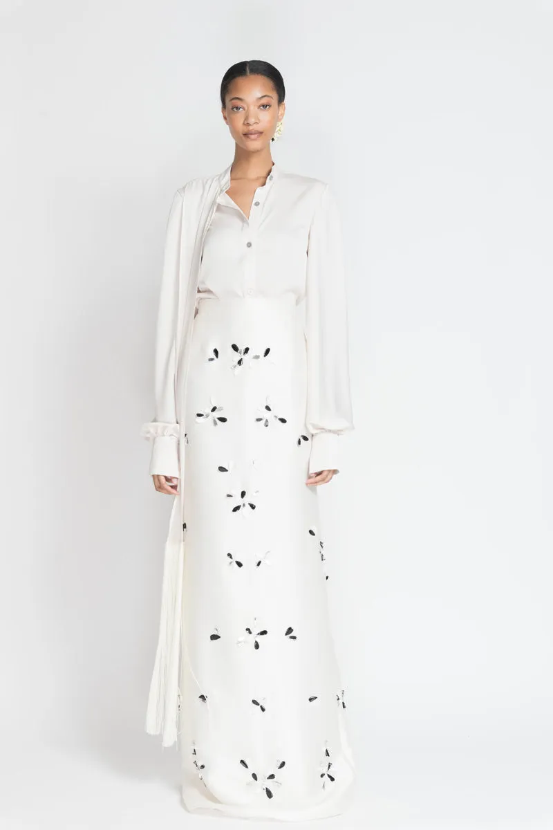 Ivory Gazar Evening Skirt with Sashi Mirror Embroidery