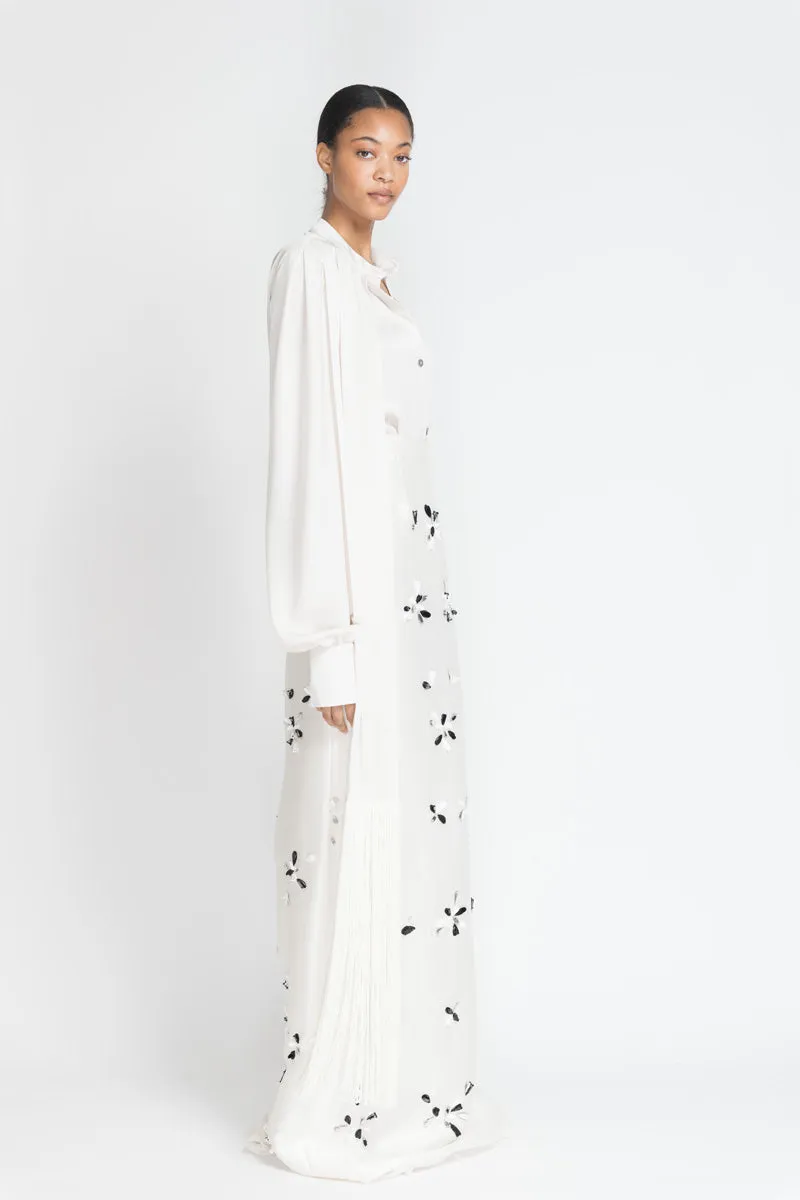 Ivory Gazar Evening Skirt with Sashi Mirror Embroidery