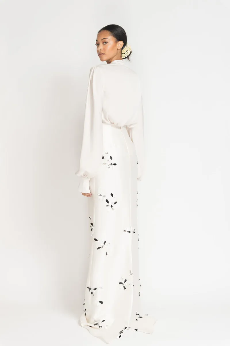 Ivory Gazar Evening Skirt with Sashi Mirror Embroidery