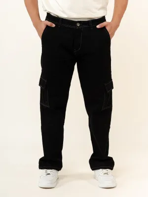 Jet Black Straight Fit Cargo Denim Jeans