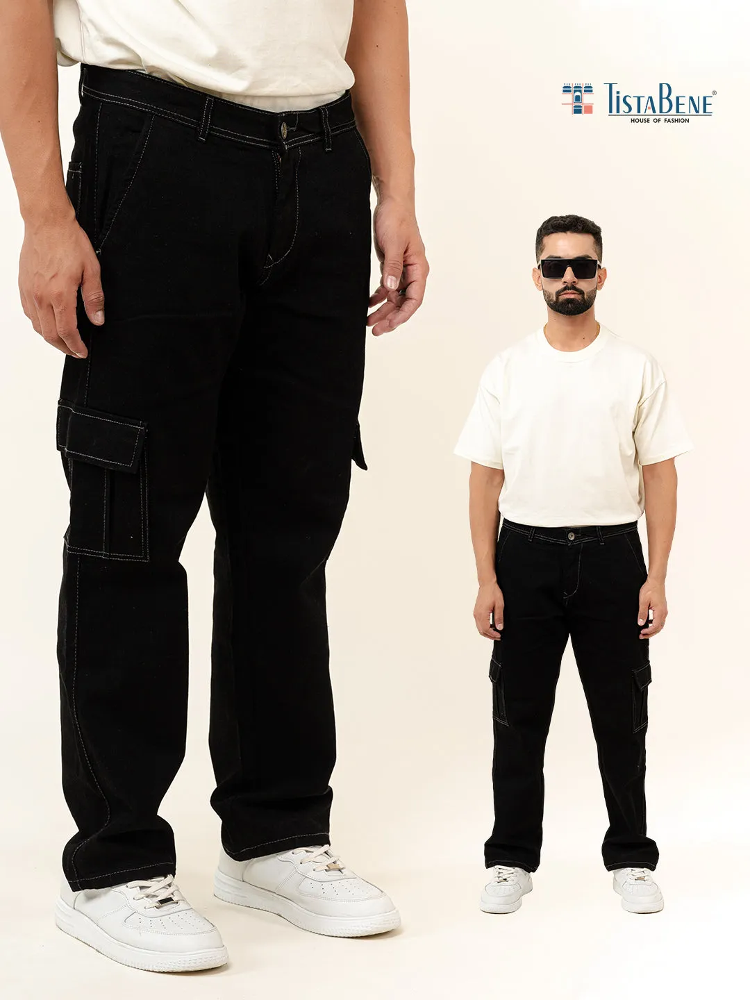 Jet Black Straight Fit Cargo Denim Jeans