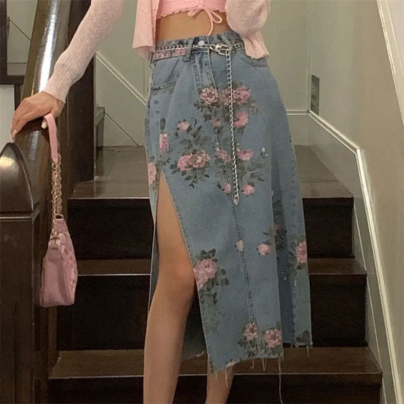 KittenAlarm - Vintage Flowers Sexy Open Long Denim Skirts