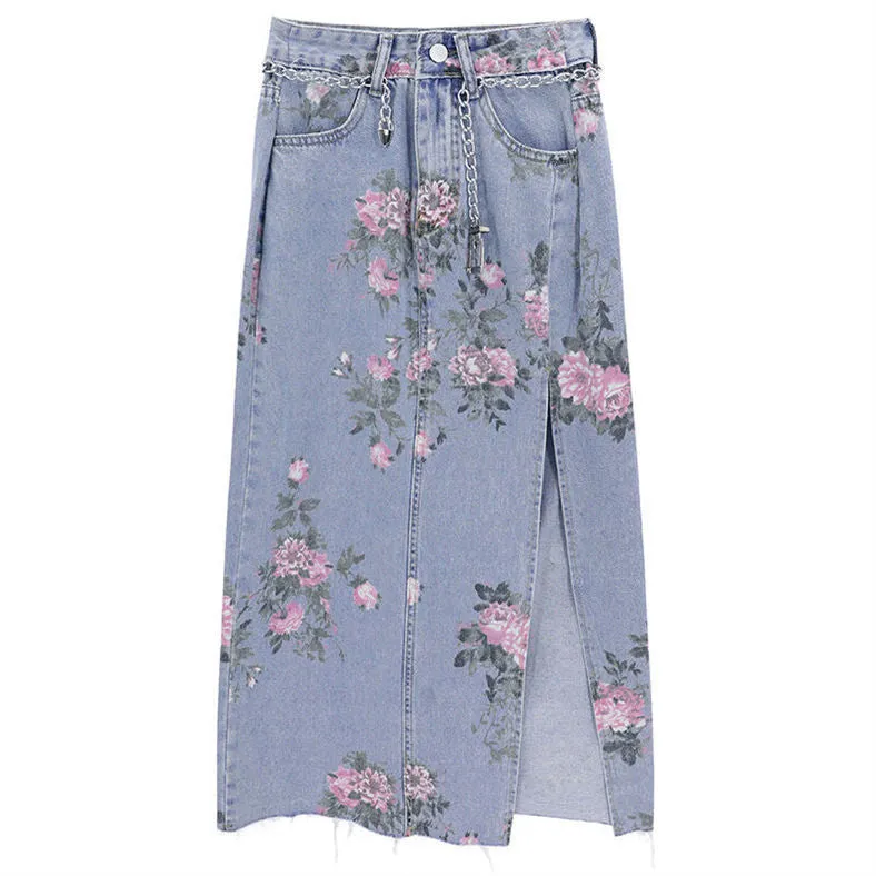 KittenAlarm - Vintage Flowers Sexy Open Long Denim Skirts