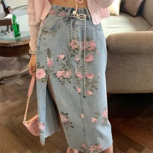 KittenAlarm - Vintage Flowers Sexy Open Long Denim Skirts