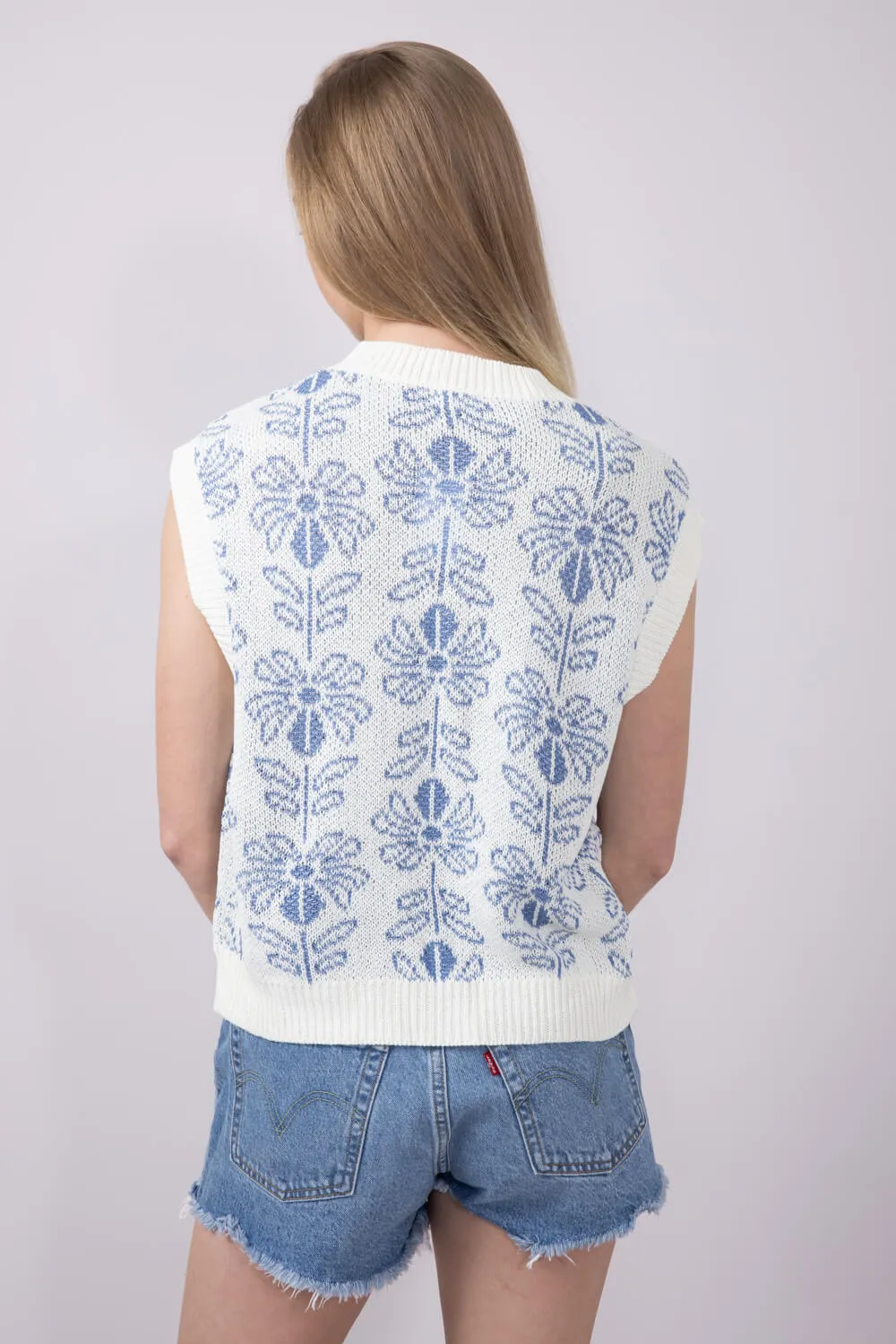 La Miel Floral Pattern Sweater Top for Women in Blue | MCS3587-PACIFICBLUE