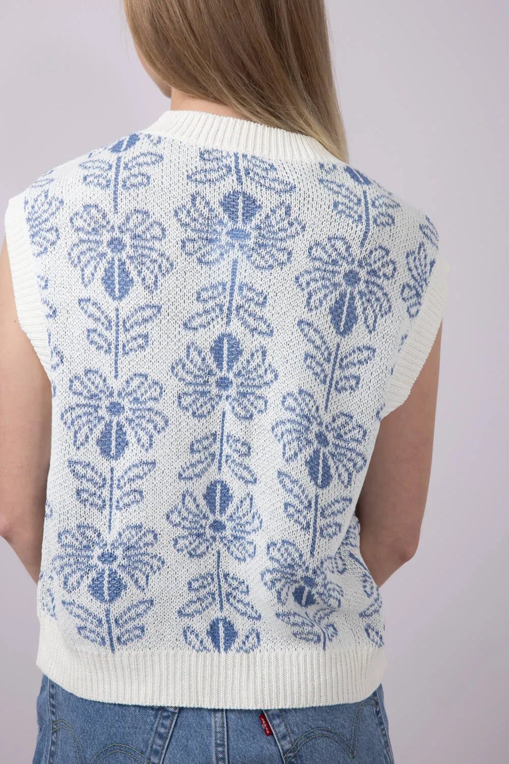 La Miel Floral Pattern Sweater Top for Women in Blue | MCS3587-PACIFICBLUE