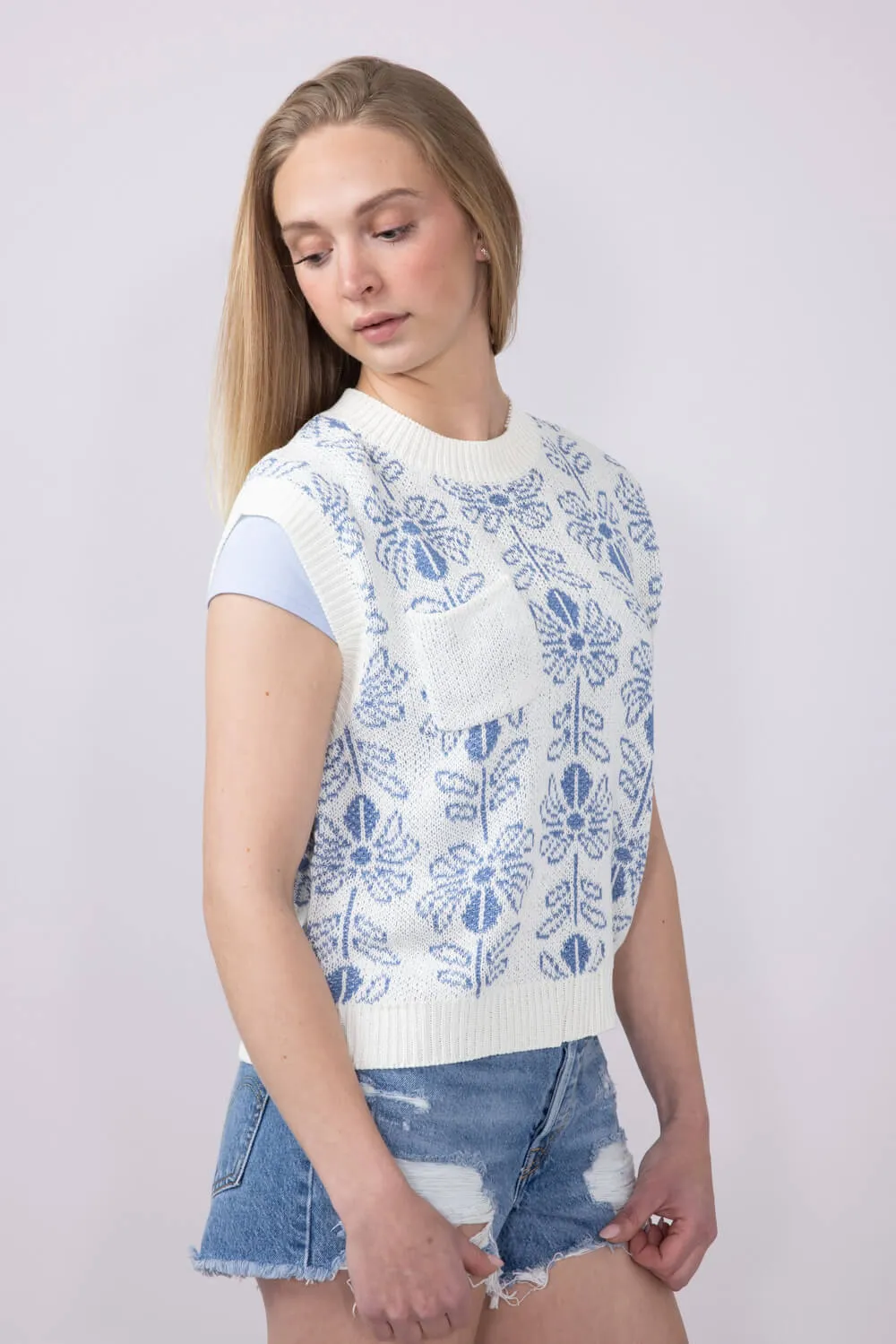La Miel Floral Pattern Sweater Top for Women in Blue | MCS3587-PACIFICBLUE