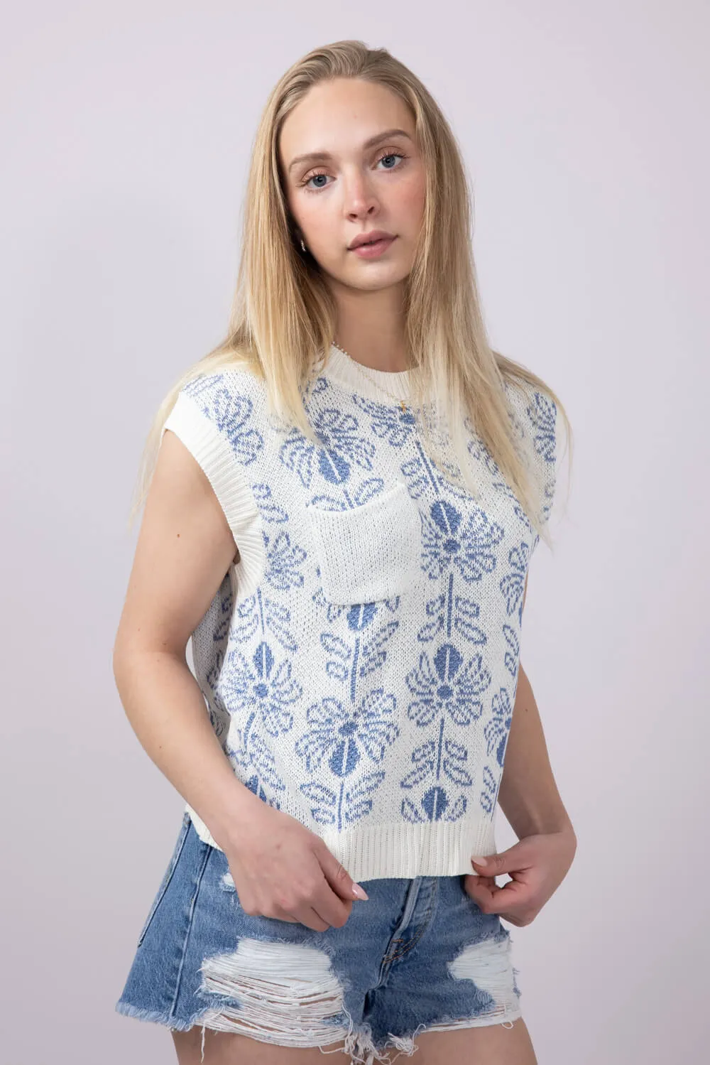 La Miel Floral Pattern Sweater Top for Women in Blue | MCS3587-PACIFICBLUE