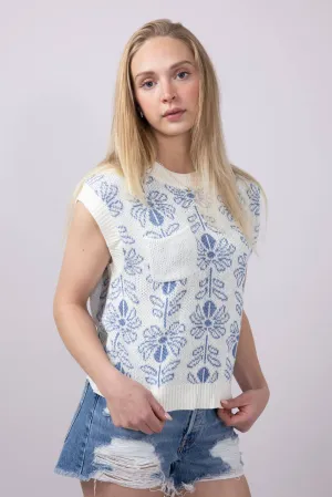 La Miel Floral Pattern Sweater Top for Women in Blue | MCS3587-PACIFICBLUE