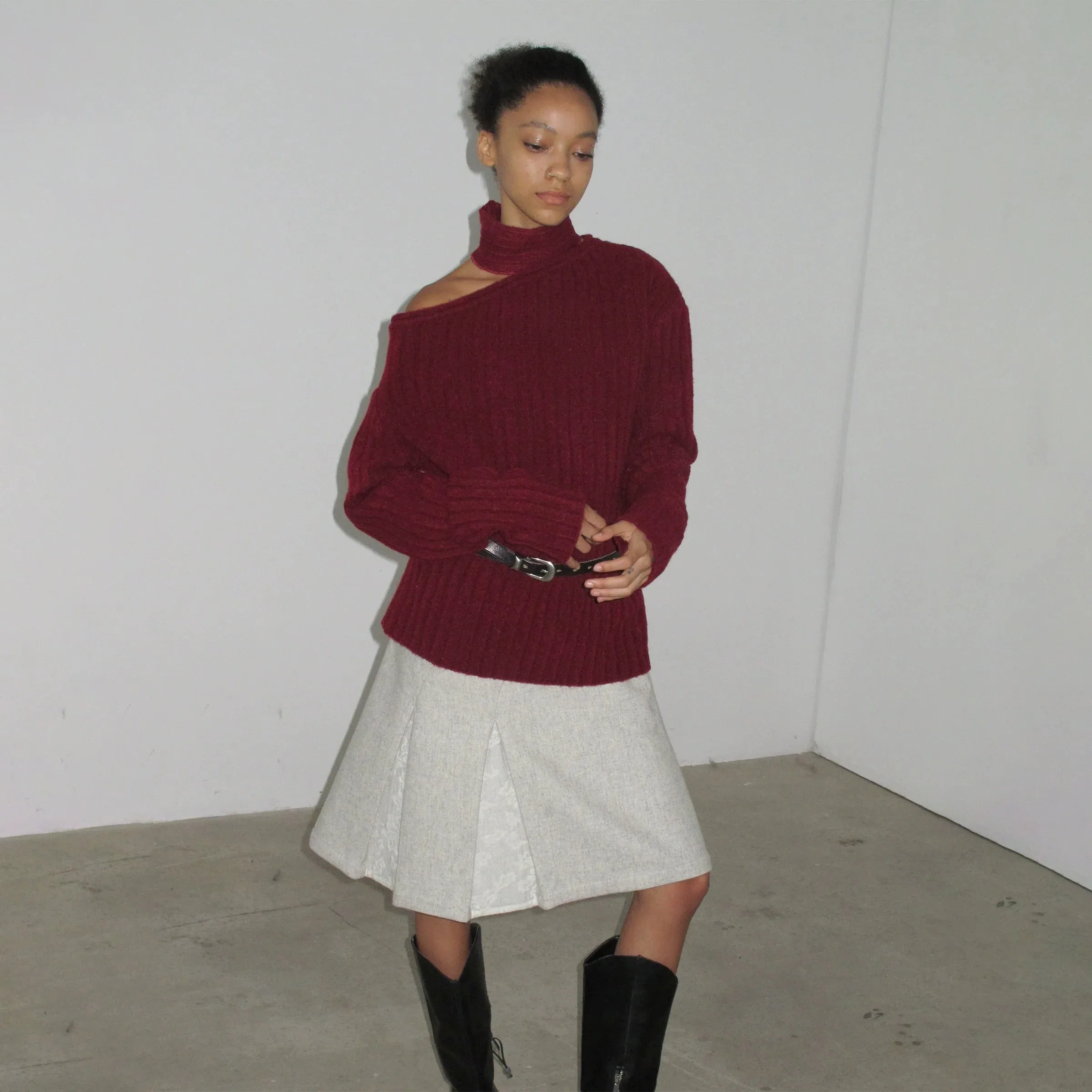 Lace Accented Wool Midi Skirt