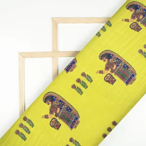 Lemon Yellow And Royal Blue Madhuvanii Pattern Digital Print Premium Swarovski Hand Work Art Tussar Silk Fabric