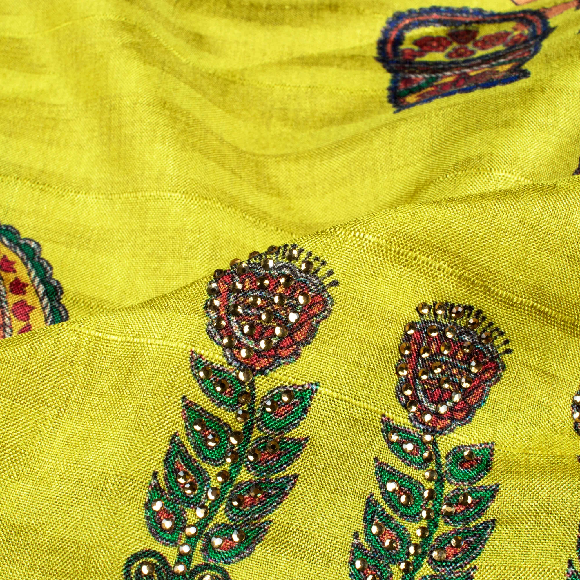 Lemon Yellow And Royal Blue Madhuvanii Pattern Digital Print Premium Swarovski Hand Work Art Tussar Silk Fabric