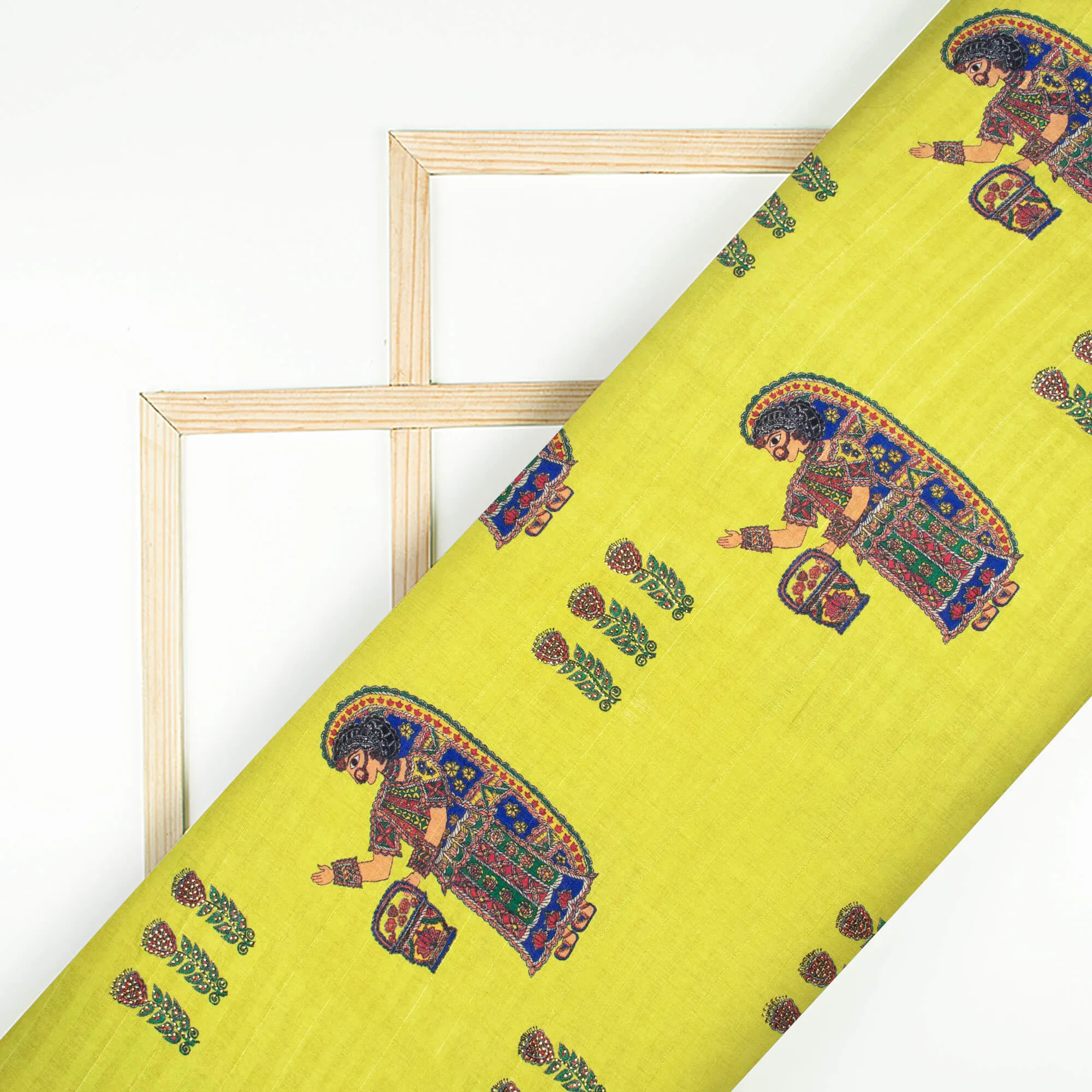 Lemon Yellow And Royal Blue Madhuvanii Pattern Digital Print Premium Swarovski Hand Work Art Tussar Silk Fabric